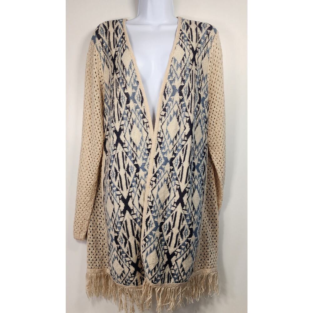 Blair Womens XL Aztec Tribal Open Cardigan‎ Fringe Hem Blue Beige Sweater